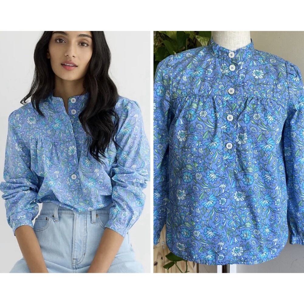 J.Crew XS Blue Floral Cotton Blouse Long Sleeve Button Front Boho Cottagecore